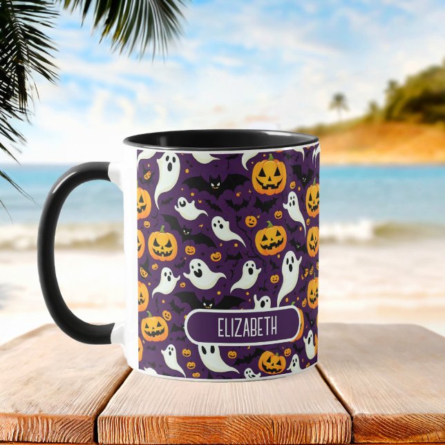 Caneca Farmhouse Halloween Bats Pumpkin Padrão Roxo (Farmhouse Halloween Bats Pumpkin Pattern Purple Mug)
