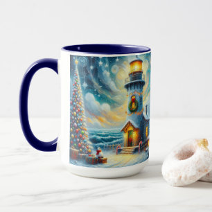 Caneca Farol de Árvore de Natal Azul Costeiro Náutico