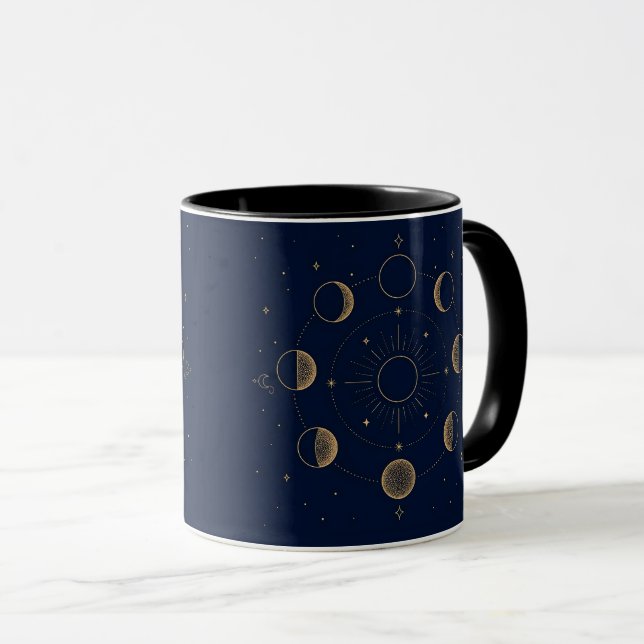 Caneca Fases da Lua Dourada Azul Celestial Naval (Frente Esquerda)