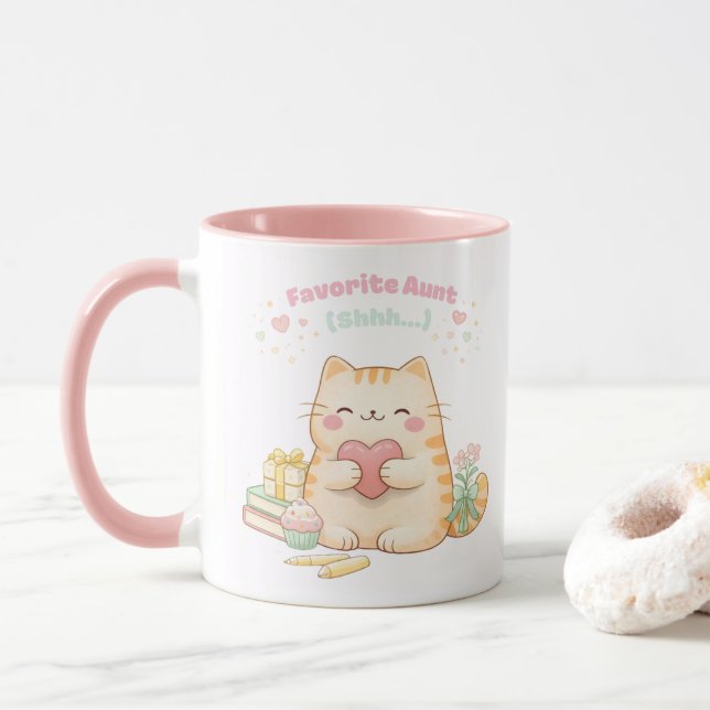 Caneca Favorite Aunt Shh Cute Kawaii Kitty Cat Sweet Pink (Com Donut)