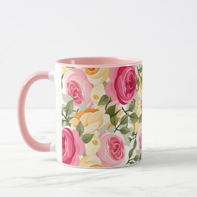 Caneca Fazenda de Rosas Rosa e Amarelo Floral Xadrez Rúst (Esquerda)