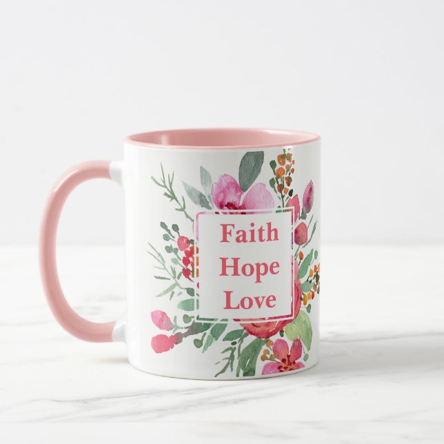 Caneca Fé Esperança Amor flores aquarela Monograma (Esquerda)
