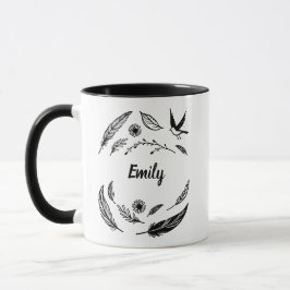 Caneca Feather, Bird and Leaves Line Art Custom Name