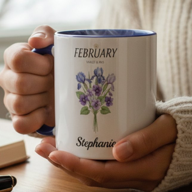 Caneca February Birthday Violet Iris Botanical (Personalized February Birthday Violet Iris Botanical Mug )