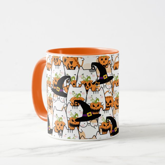 Caneca Feiticeira de gato bonitinho segurando abóbora (Frente Esquerda)