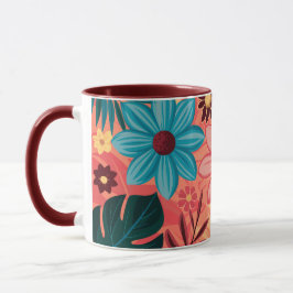 Caneca Felicidade Floral Colorida em Tons Quentes de Fund