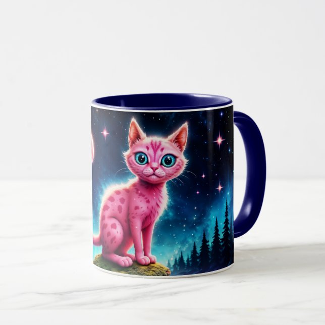 Caneca Felino de olhos azuis mágicos sob estrelas brilhan (Frente Esquerda)