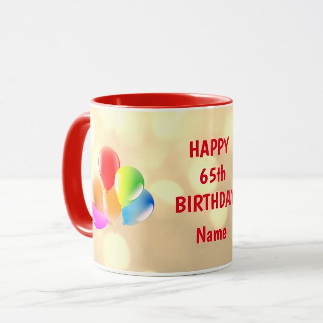 Caneca Feliz 65.º Aniversário Colorido Personalizado (Frente Esquerda)