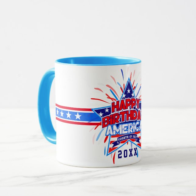 Caneca Feliz aniversário América 4 de julho LBRANÇA de in (Frente Esquerda)