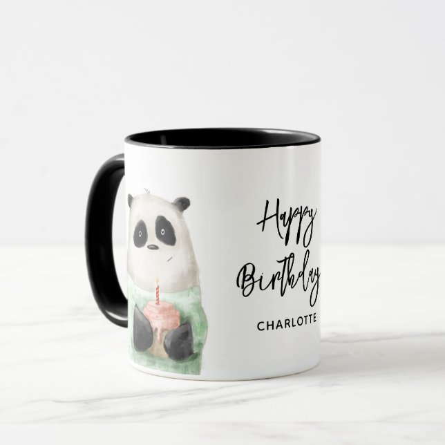 Caneca Feliz Aniversário, Bolo de Panda, Nome Personaliza (Frente Esquerda)