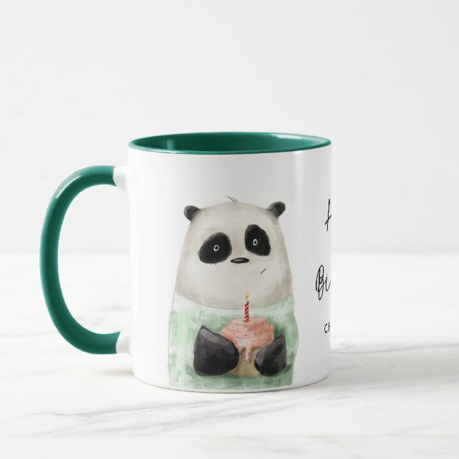 Caneca Feliz Aniversário, Bolo de Panda, Nome Personaliza (Esquerda)