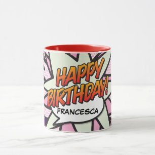 Caneca FELIZ ANIVERSÁRIO Diversão Retro Quadrinho Rosa