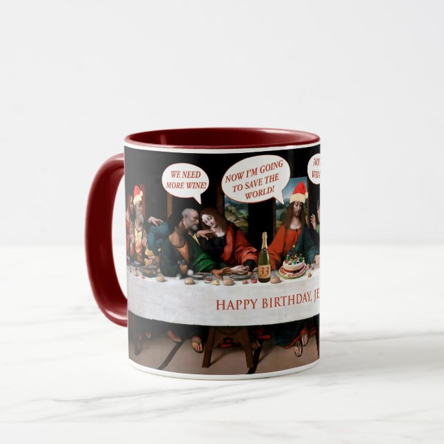 Caneca Feliz aniversário Feliz Natal Jesus História em qu (Frente Esquerda)