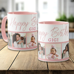 Caneca Feliz Aniversário Gigi 5 Colagem de Fotos Rosa