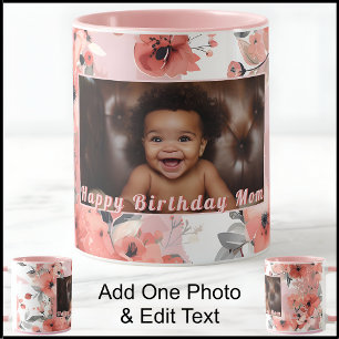 Caneca Feliz Aniversário Nova Mãe Foto Floral Rosa 009