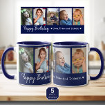 Caneca Feliz Aniversário Personalizado Azul de 5 Fotograf<br><div class="desc">Um presente de caneca de manutenção único para o aniversário de avós com tipografia feliz de aniversário e 5 fotos de netos com seus nomes.</div>