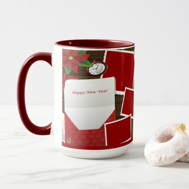 Caneca Feliz Ano Novo com Holly Adicione suas Fotos Canec (Com Donut)