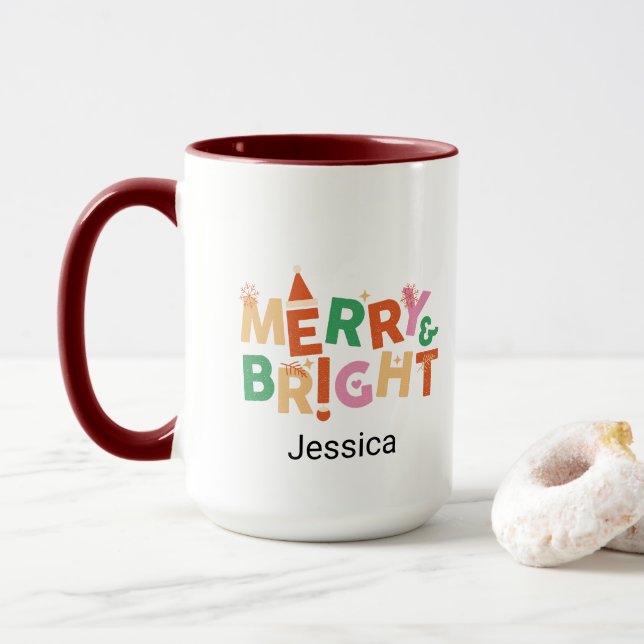 Caneca Feliz de Natal moderna e nome colorido brilhante (Com Donut)