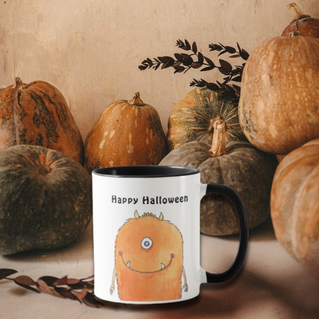 Caneca Feliz Dia das Bruxas do Monstro das Caixas Aquátic (Happy Halloween Mug with watercolor cute orange  monster design)