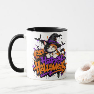 Caneca Feliz Dia das Bruxas Gata Malhada de Bruxa