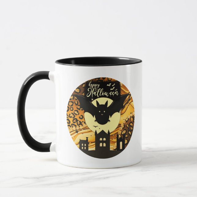 Caneca Feliz Dia das Bruxas Morcego Lua Cheia Dia  (Esquerda)