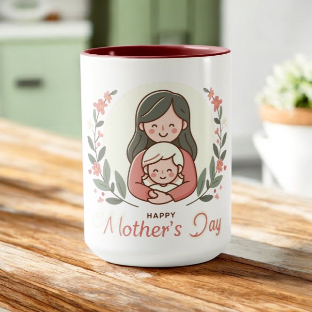 Caneca Feliz Dia das Mães - Mãe e Filho Abraço Floral (Criador carregado)