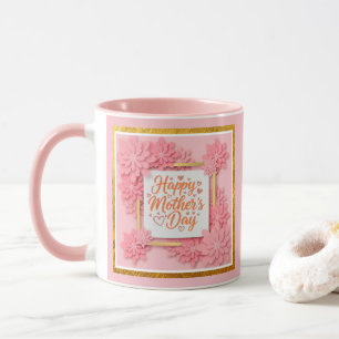Caneca Feliz Dia das Mães Moldura Dourada Floral e Rosa