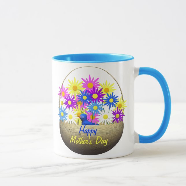 Caneca Feliz dia de as mães de margaridas e pássaro azul (Direita)