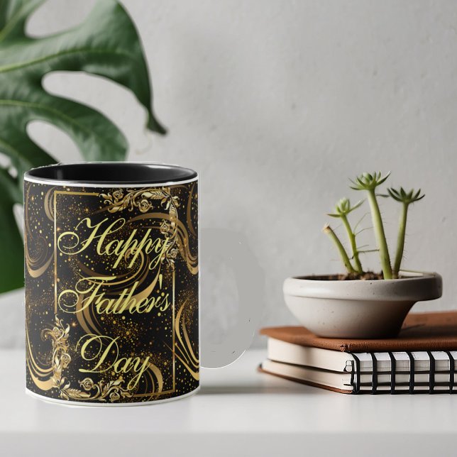Caneca Feliz Dia de os pais Dourado Caligrafia Negra (Happy Father's Day Gold Calligraphy Black Swirls Mug)