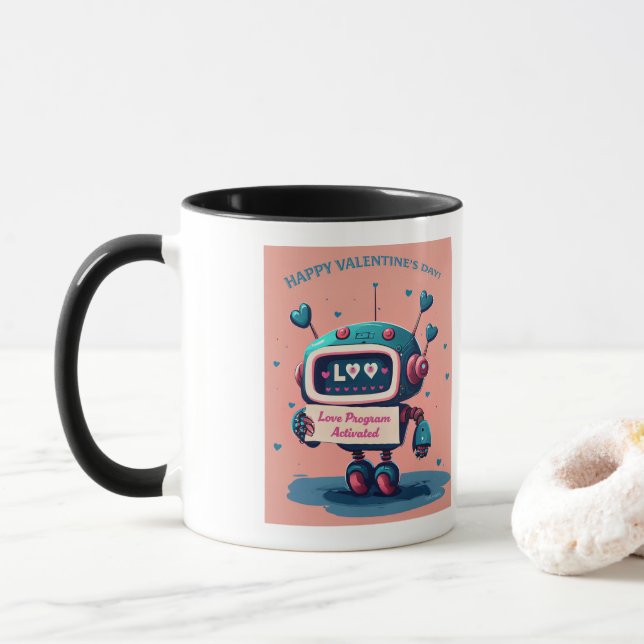 Caneca Feliz Dia dos Namorados Robô Azul Fresco, Corações (Com Donut)