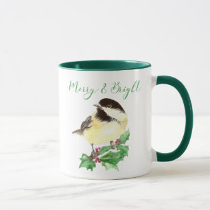 Caneca Feliz do pássaro do Chickadee da aguarela & Natal