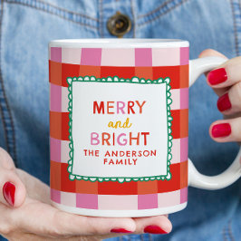 Caneca Feliz e Brilho Personalizado Gingham Vermelho e Ro