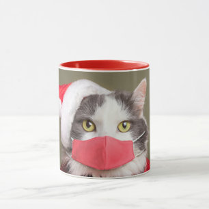 Caneca Feliz gato de Natal em Santa Chapéu e Máscara