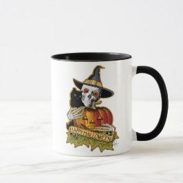 Caneca Feliz Gato Negro de Halloween, Crânio e Abóbora