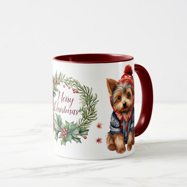 Caneca Feliz gentil Yorkshire Terrier Dog Christmas Mug (Frente Esquerda)