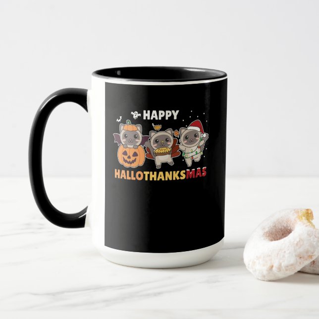 Caneca Feliz Hallothanksmas Gato Elefante de Natal (Com Donut)