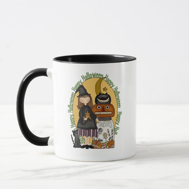 Caneca Feliz Halloween Bruxas Tratam Ringer Mug (Esquerda)