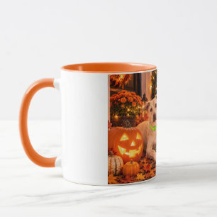 Caneca Feliz Halloween Personalizado para Cão e Folhas de