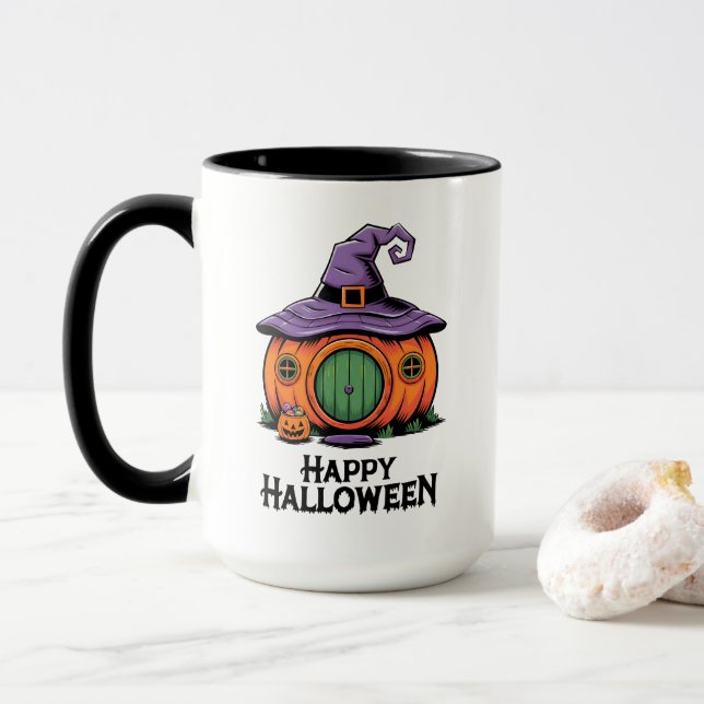 Caneca Feliz Halloween Pumpkin Cottage & Witch Hat Roof (Com Donut)