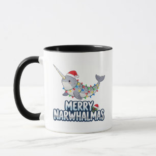 Caneca Feliz Narwhalmas Usando um Chapéu de Papai Noel Na