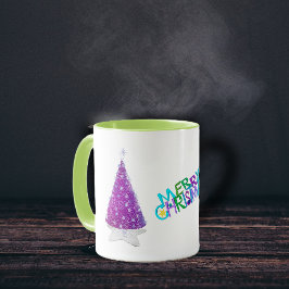 Caneca Feliz Natal Brilho Rosa Árvores Prata