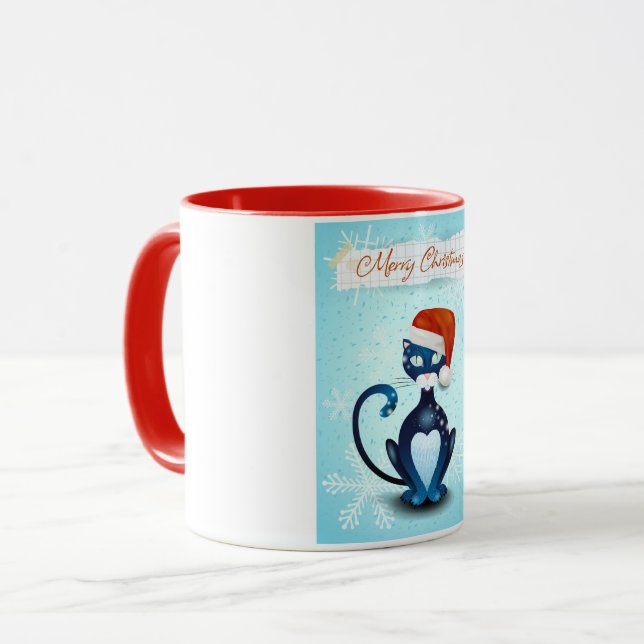 Caneca Feliz Natal com Gato Negro com Papai noel Hat (Frente Esquerda)
