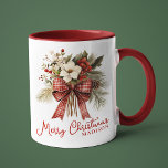 Caneca Feliz Natal Elegante Nome Personalizado Floral<br><div class="desc">Feliz Natal, Elegante Floral Personalizado Nome Holiday Coffee Mug apresenta o texto "Feliz Natal" na tipografia moderna de um roteiro de caligrafia vermelha acentuado com um buquê de flores de inverno aquarela com arco xadrez e personalizado com seu nome personalizado abaixo. Perfeito para presentes de Natal, festas de Natal e...</div>