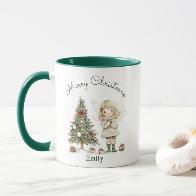 Caneca Feliz Natal Fada e Presente Personalizado em Árvor (Com Donut)