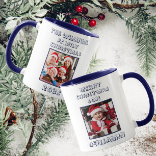 Caneca Feliz Natal Filho Marinho de Foto Azul e Branco