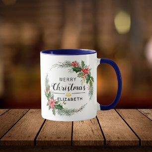Caneca Feliz Natal Floral Wreath e Marinho de Script Azul