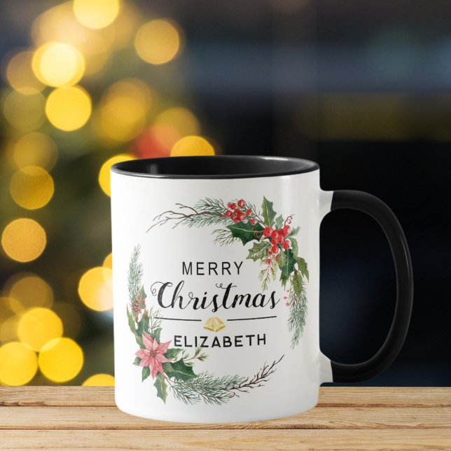 Caneca Feliz Natal Floral Wreath e Script Black (Criador carregado)
