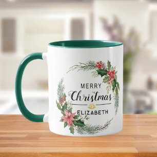 Caneca Feliz Natal Floral Wreath e Script Green