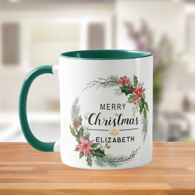 Caneca Feliz Natal Floral Wreath e Script Green (Criador carregado)