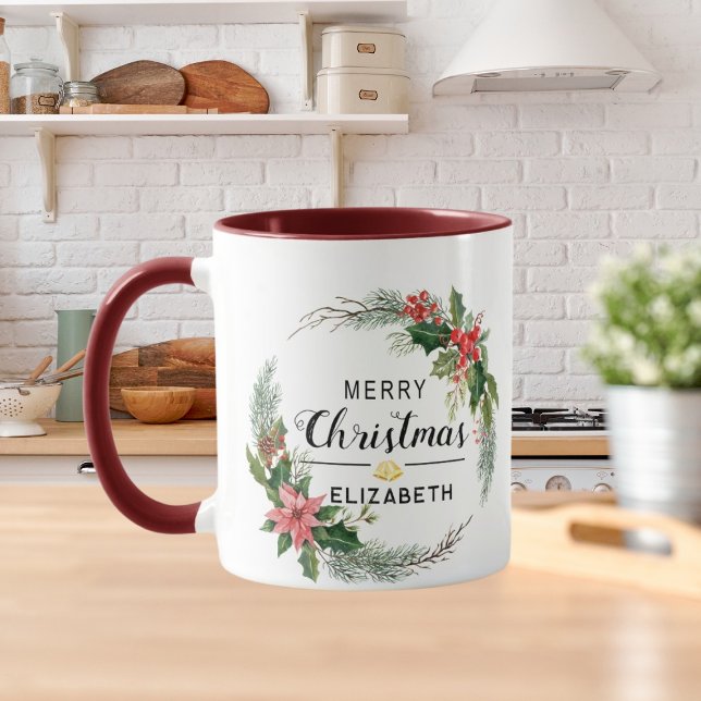 Caneca Feliz Natal Floral Wreath e Script Maroon (Criador carregado)